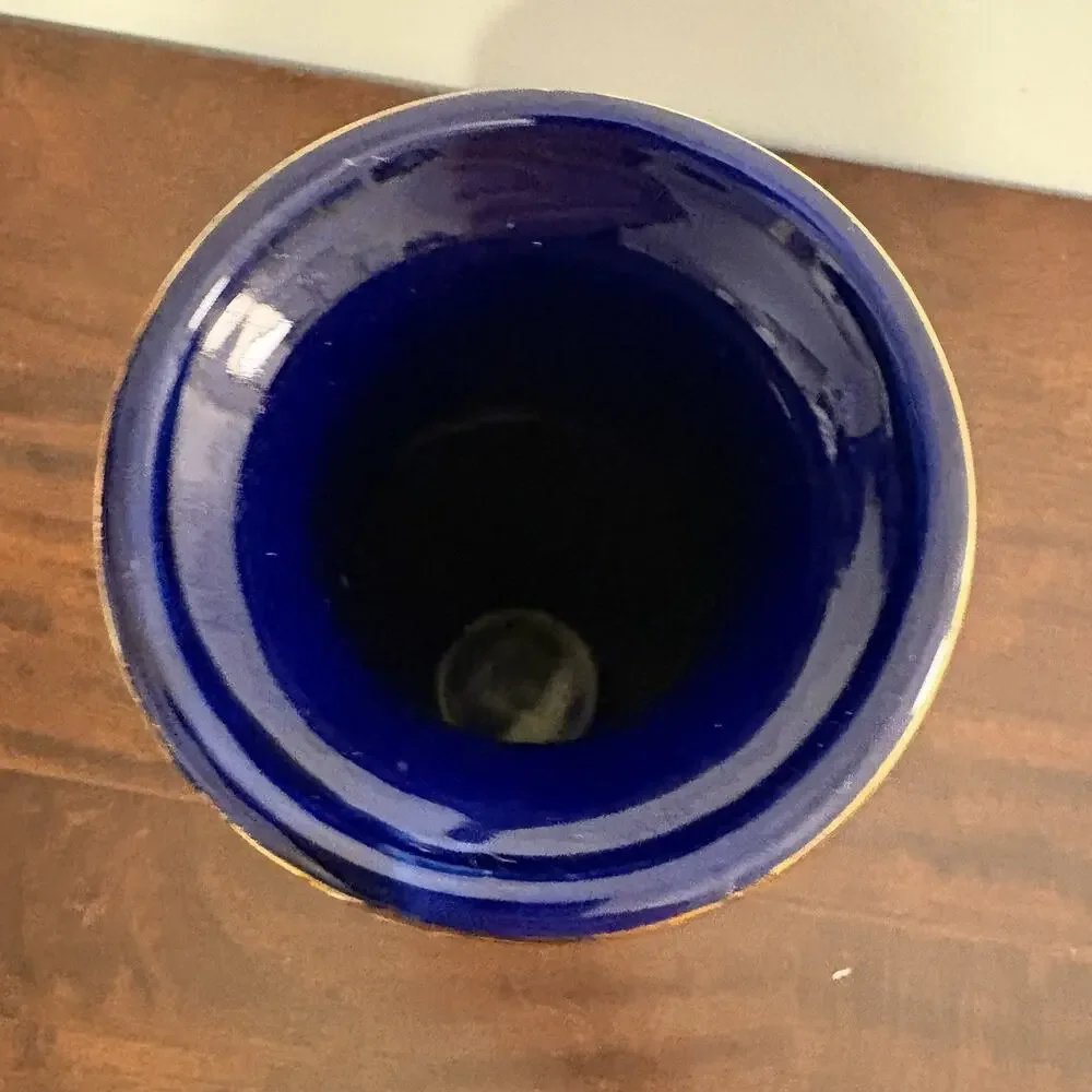 Mid-Century Japanese Jar Vase Cobalt Blue With Gold Trim, Peacock